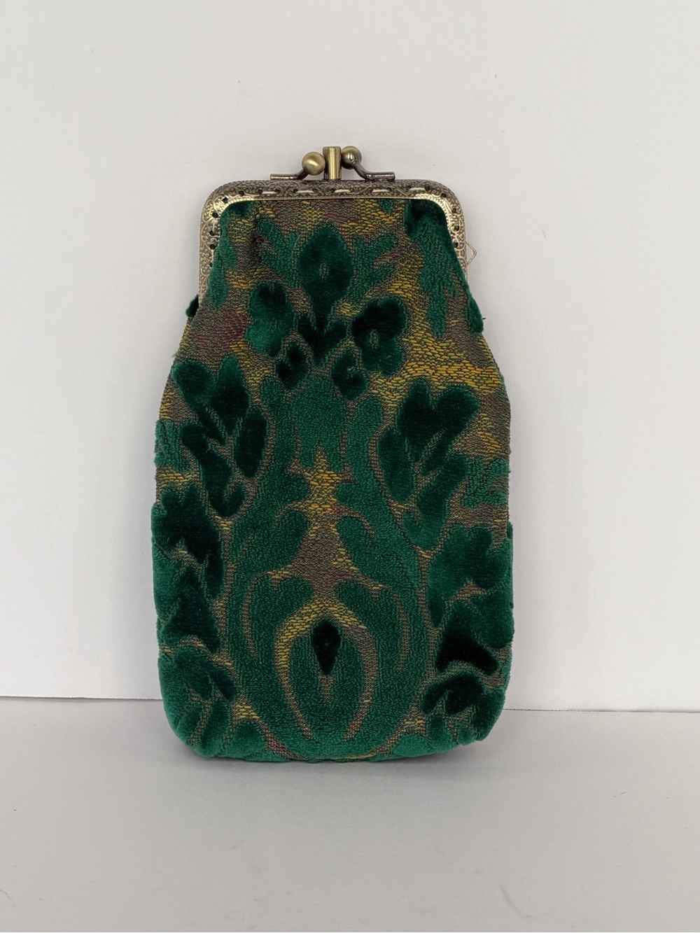Handmade Green Velvet Brocade Eyeglasses Case MCM Kiss lock Carpetbag
